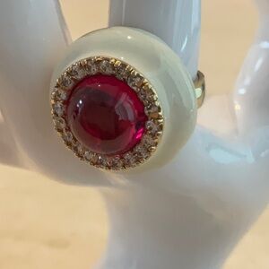 Pink Fuchsia Ring Stone Crystals Enamel Gold Tone Cocktail Large